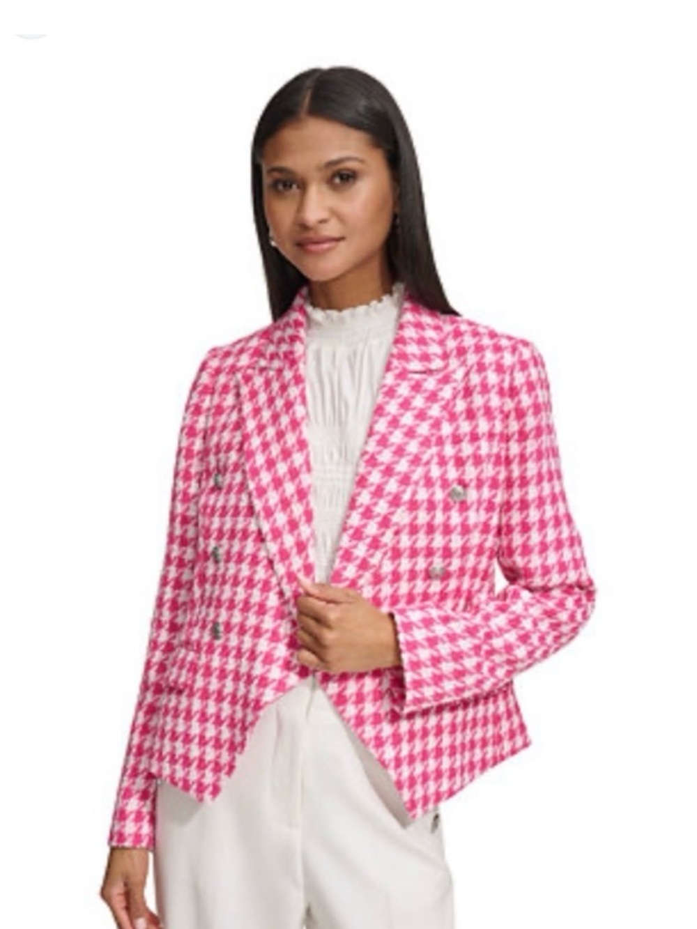 Karl Lagerfeld Hot Pink Houndstooth Double-Breasted Blazer